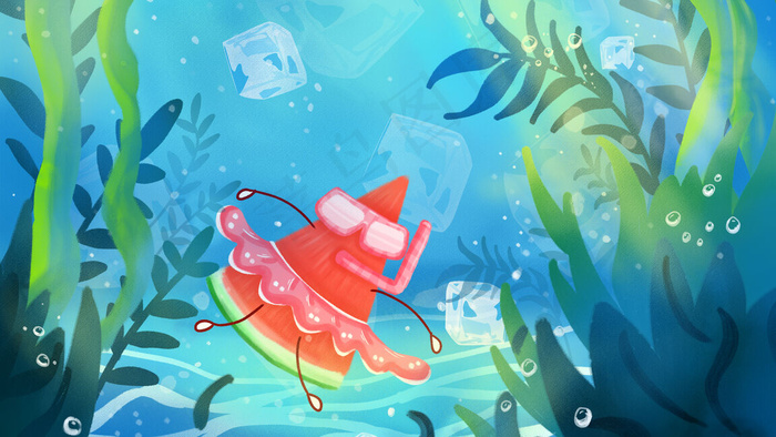夏季大暑小暑清凉西瓜潜水游泳(2880*1620px 300 dpi )psd模版下载