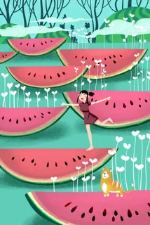 卡通手绘风夏景西瓜女孩配图