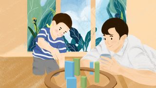 儿童节家庭温馨场景父子玩游戏温暖手绘肌理