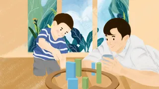 儿童节家庭温馨场景父子玩游戏温暖手绘肌理