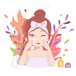 美容粉色可爱手绘护肤涂面霜的女