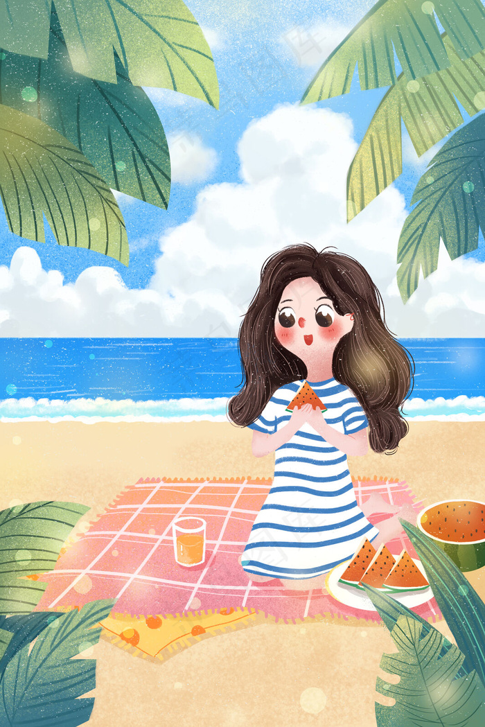 小清新夏天海滩女孩吃西瓜(3545X5315(DPI:300))psd模版下载