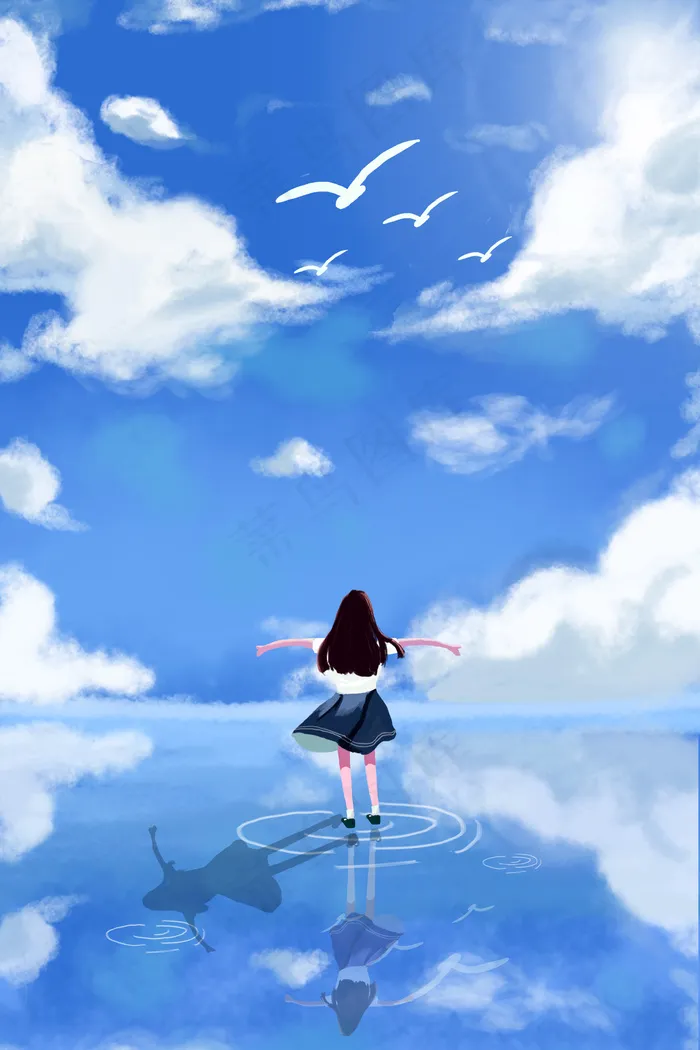夏天立夏阳光倒影云朵女孩治愈系(3543X4724(DPI:150))psd模版下载