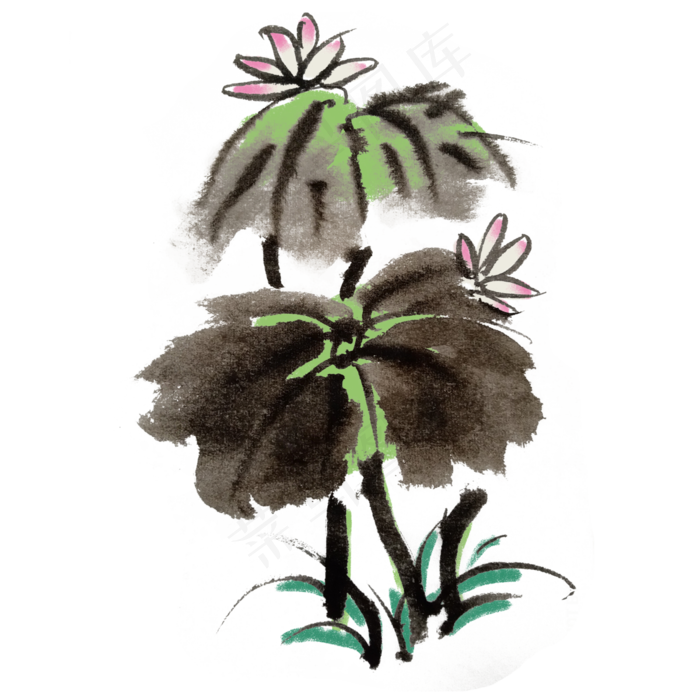 荷花荷叶水墨手绘风(4000X4000(DPI:300))psd模版下载