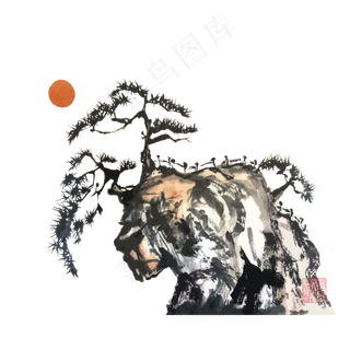 中古古典山水黄山迎客松PNG,免抠元素