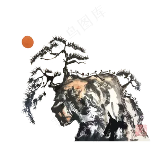 中古古典山水黄山迎客松PNG,免抠元素