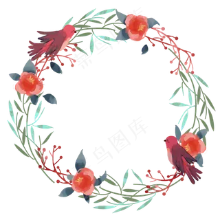 树枝小鸟花环手绘水彩风装饰png,免抠元素