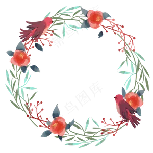 树枝小鸟花环手绘水彩风装饰png,免抠元素