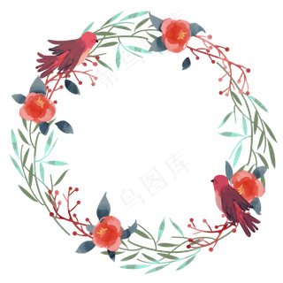 树枝小鸟花环手绘水彩风装饰png,免抠元素