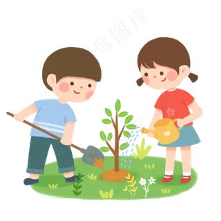 植树节植树人物男孩女孩植树,免抠元素