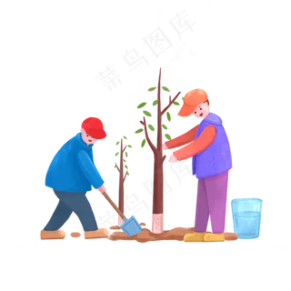 植树节之手绘卡通人物两人种树免