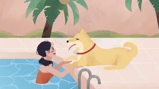 夏天在泳池与萌宠嬉戏
