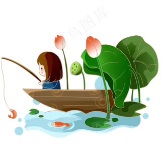 夏日女孩乘凉钓鱼PNG素材