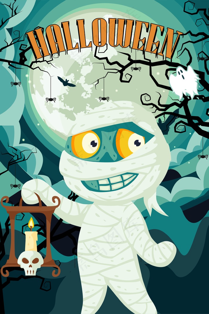 手绘卡通万圣节僵尸幽灵插画