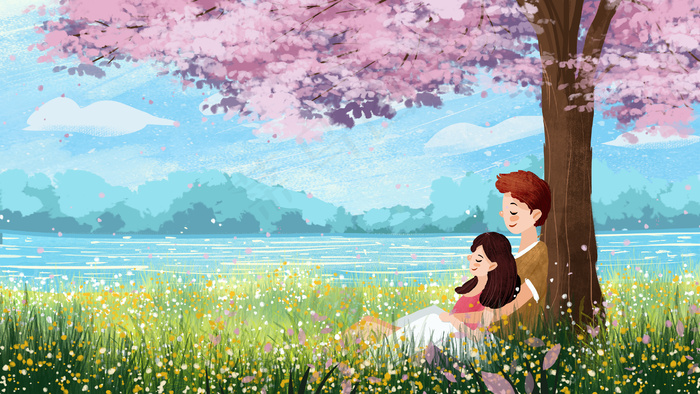 樱花树下情侣温馨呆在一起治愈系(2880*1620px 300 dpi )psd模版下载