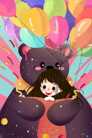 唯美治愈气球六一儿童节六月你好熊与少女