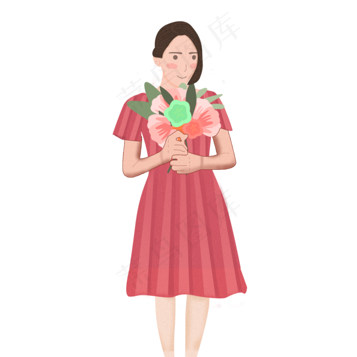 手绘卡通女孩拿着花束元素
