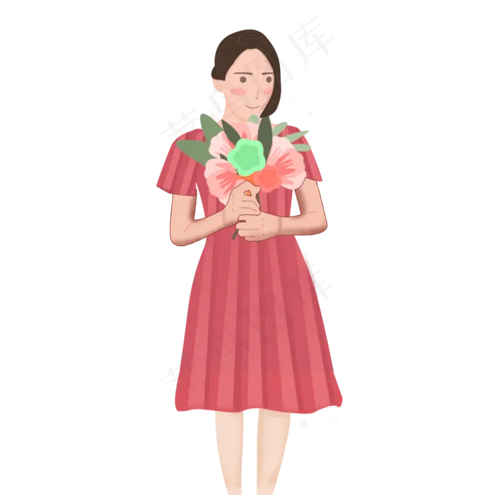 手绘卡通女孩拿着花束元素(2000X2000(DPI:300))psd模版下载