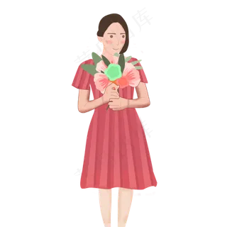 手绘卡通女孩拿着花束元素