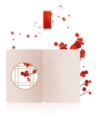 新年元宵节古风窗格梅花贺卡文本,免抠元素