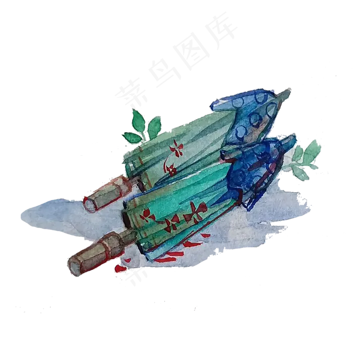 水彩折叠伞翠色古典中国风PNG,免抠元素(2000X2000(DPI:200))psd模版下载