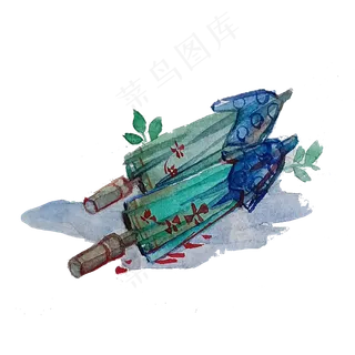 水彩折叠伞翠色古典中国风PNG,免抠元素