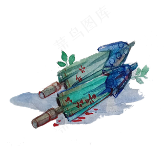 水彩折叠伞翠色古典中国风PNG,免抠元素