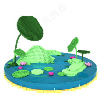 C4D像素池塘夏季风