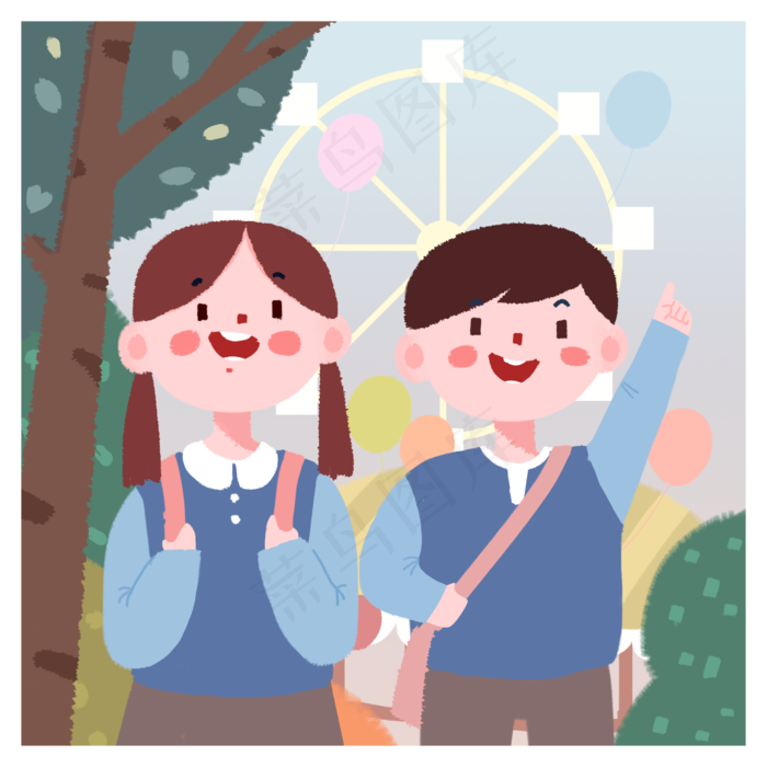 六一儿童节两个小学生一起去游乐