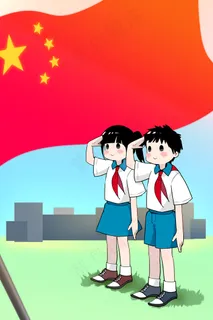 小学生在草地上向国旗敬礼