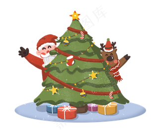 圣诞节圣诞夜圣诞老人与麋鹿,免抠元素