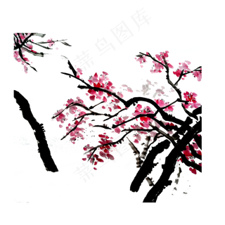水墨花鸟工笔写意PNG桃花樱花红花,免抠元素