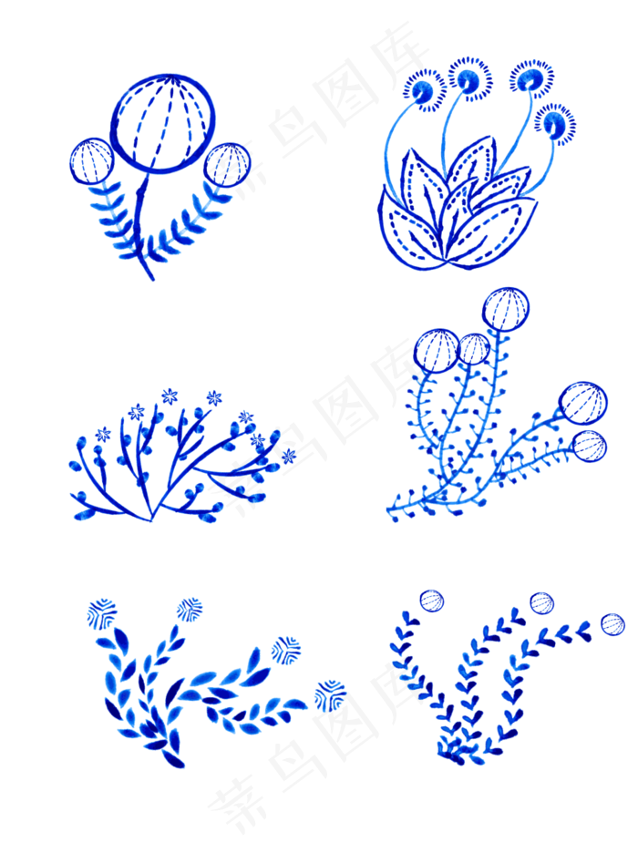 蓝色水彩钢笔水青花瓷手绘矢量植ai矢量模版下载