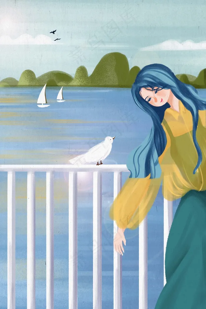 五月你好清新夏季海边女孩和鸽子(3545*5315px 300 dpi )psd模版下载