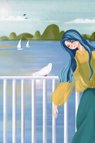 五月你好清新夏季海边女孩和鸽子