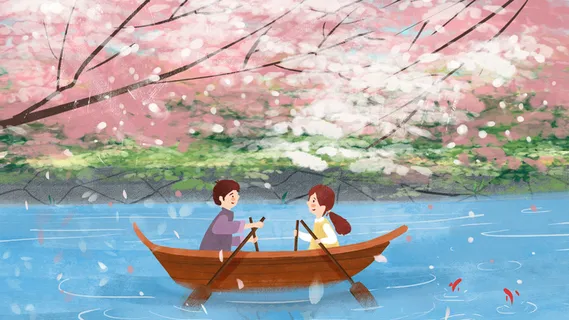 情侣湖边泛舟欣赏樱花浪漫之旅