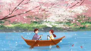 情侣湖边泛舟欣赏樱花浪漫之旅