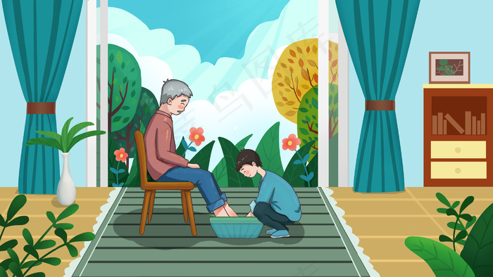 社会民生蓝色卡通养老关爱老人(2880*1620px 300 dpi )psd模版下载