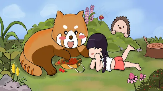 春天小熊猫和女孩吃果子 春天小熊猫和女孩吃果子