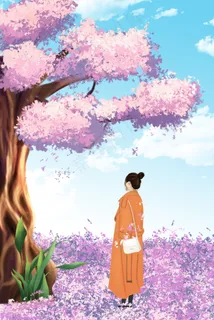 春季水彩风樱花节紫色樱花树下的美女 春季水彩风樱花节紫色樱花树下的美女