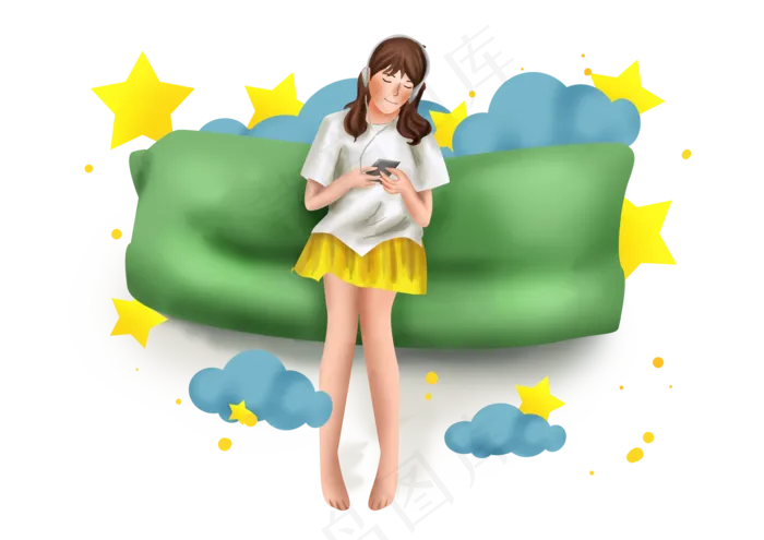 云彩上听音乐的女孩(3508X2480(DPI:300))psd模版下载
