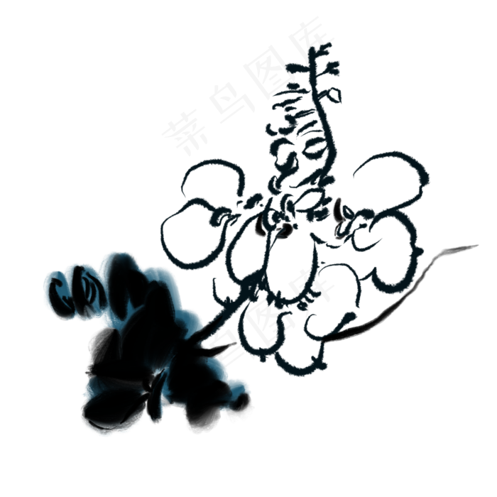 水墨写意花鸟线描花朵绘画,免抠元素