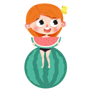 夏季坐在西瓜上吃西瓜的女孩