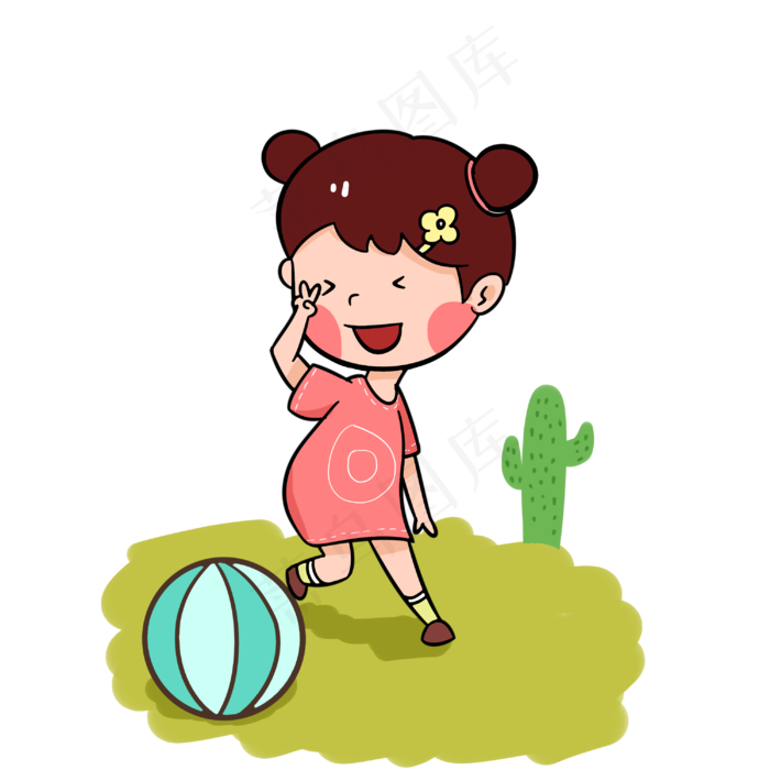 夏天在沙滩边玩耍的女孩手绘