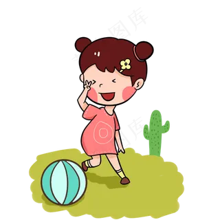 夏天在沙滩边玩耍的女孩手绘