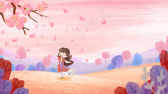 春分节气桃花盛开女孩 舞蹈(2880*1620px 300 dpi )psd模版下载