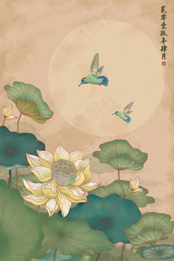 工笔画古风荷花中国风(3545*5315px 300 dpi )psd模版下载