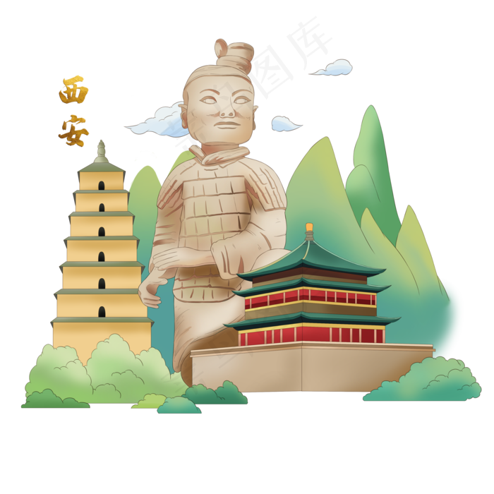 国潮城市特色西安兵马俑旅游(3500X3500(DPI:300))psd模版下载