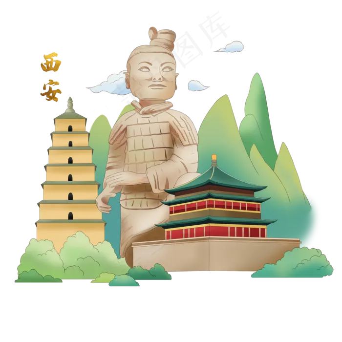 国潮城市特色西安兵马俑旅游(3500X3500(DPI:300))psd模版下载