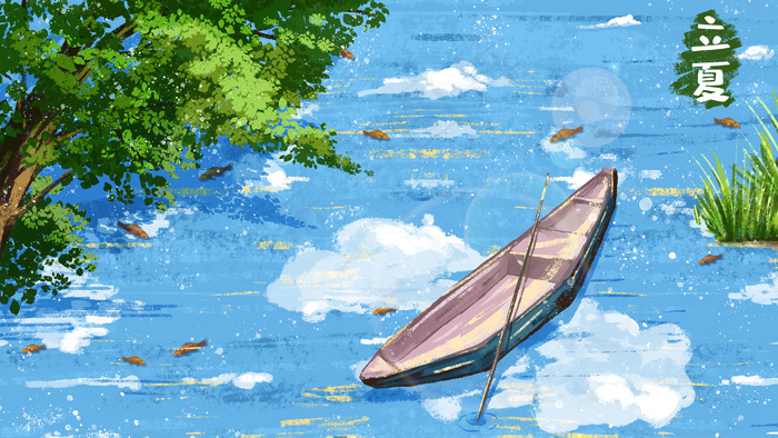 立夏湖边树下小舟(2880*1620px 300 dpi )psd模版下载